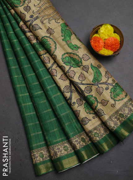 Green & Beige Semi Tussar Saree - Kalamkari Prints