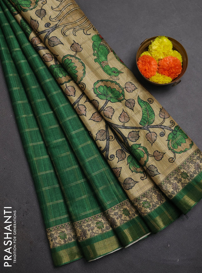 Green & Beige Semi Tussar Saree - Kalamkari Prints