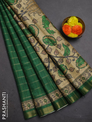 Green & Beige Semi Tussar Saree - Kalamkari Prints