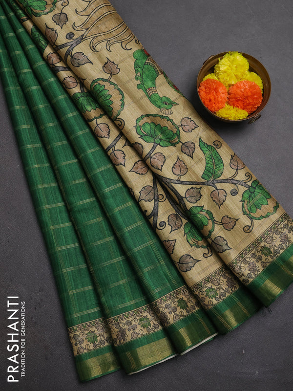 Green & Beige Semi Tussar Saree - Kalamkari Prints