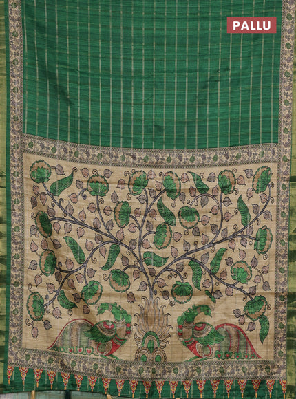 Green & Beige Semi Tussar Saree - Kalamkari Prints