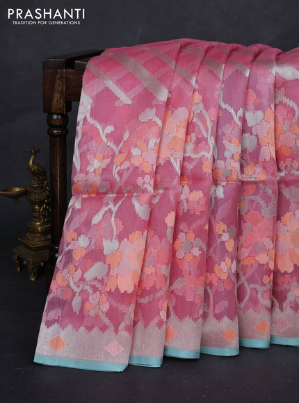 Gajri Pink & Teal Blue Kora Jamdhani Silk Saree