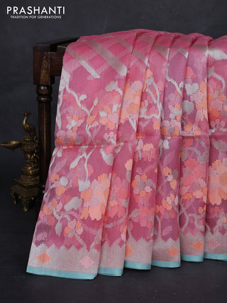 Gajri Pink & Teal Blue Kora Jamdhani Silk Saree