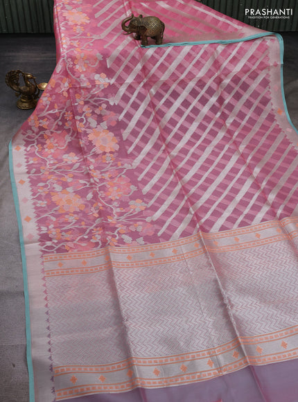 Gajri Pink & Teal Blue Kora Jamdhani Silk Saree