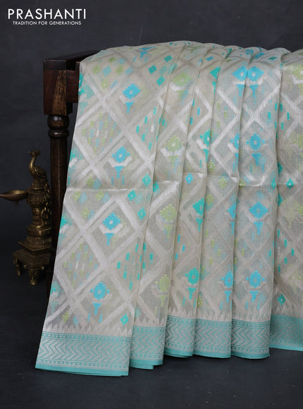 Off White & Teal Blue Kora Jamdhani Silk Saree