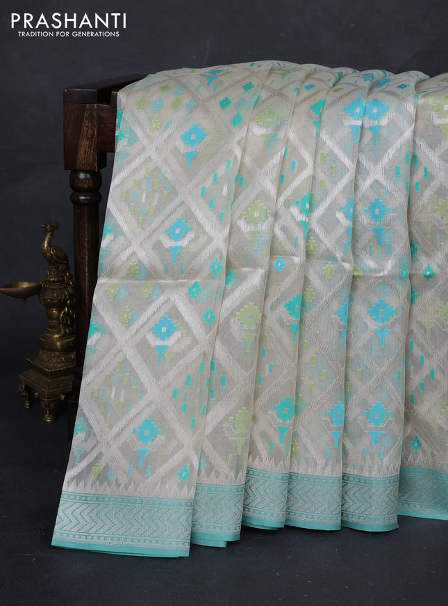 Off White & Teal Blue Kora Jamdhani Silk Saree