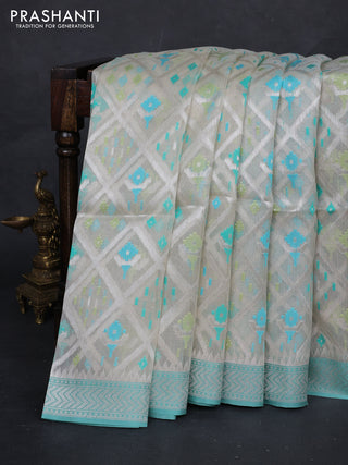Off White & Teal Blue Kora Jamdhani Silk Saree