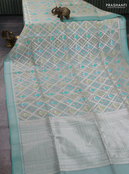 Off White & Teal Blue Kora Jamdhani Silk Saree