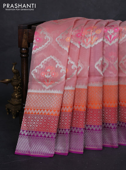 Peach & Purple Kora Jamdhani Silk Saree
