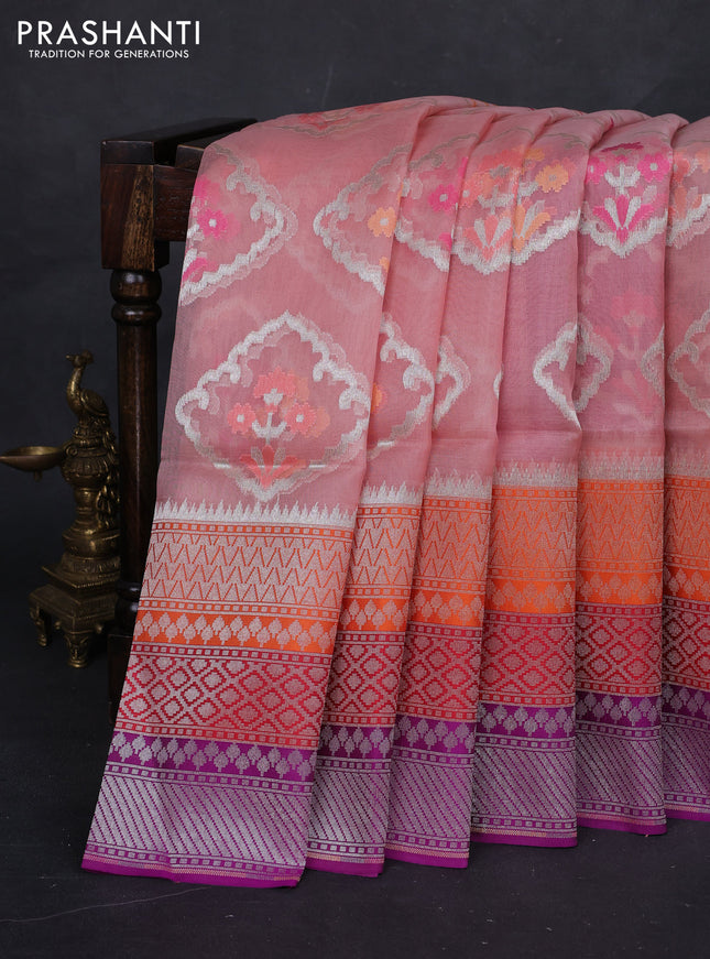 Peach & Purple Kora Jamdhani Silk Saree