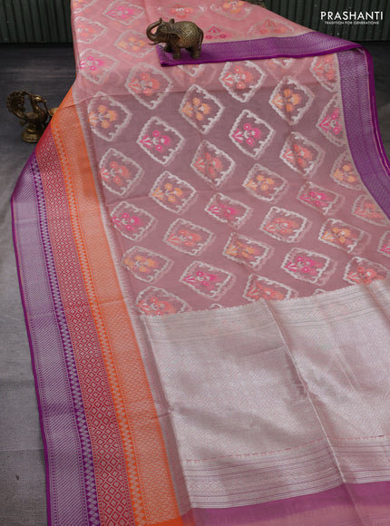 Peach & Purple Kora Jamdhani Silk Saree