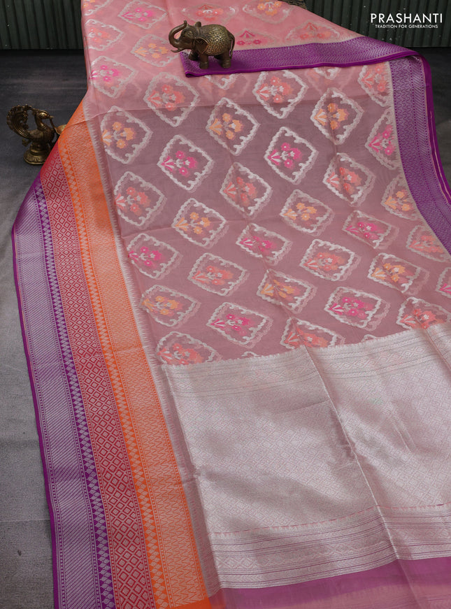 Peach & Purple Kora Jamdhani Silk Saree