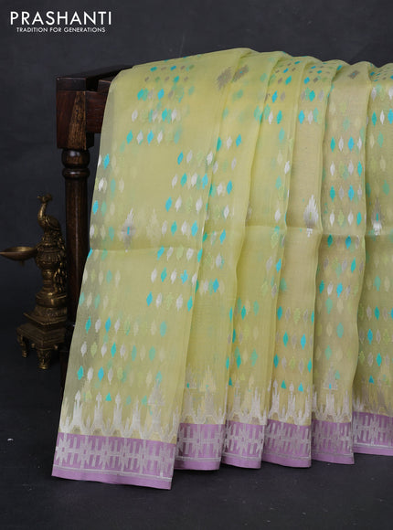 Pale Yellow & Lavender Kora Jamdhani Silk Saree