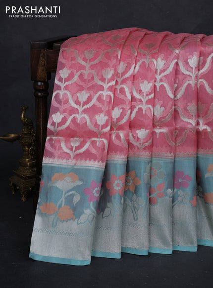 Gajri Pink & Mint Green Kora Jamdhani Silk Saree