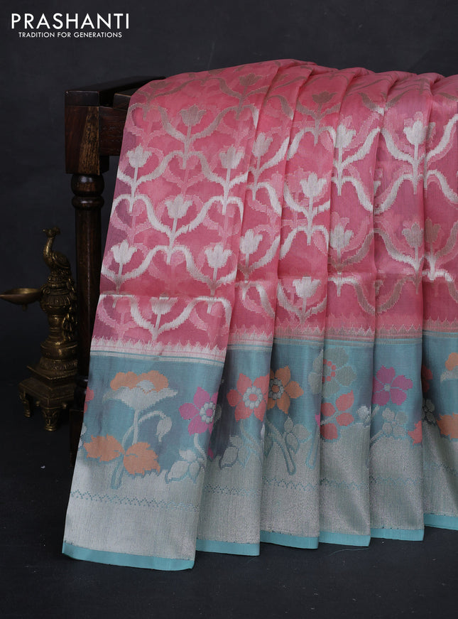 Gajri Pink & Mint Green Kora Jamdhani Silk Saree