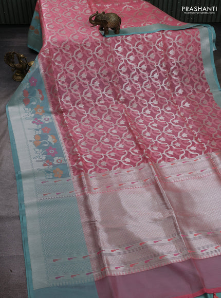 Gajri Pink & Mint Green Kora Jamdhani Silk Saree