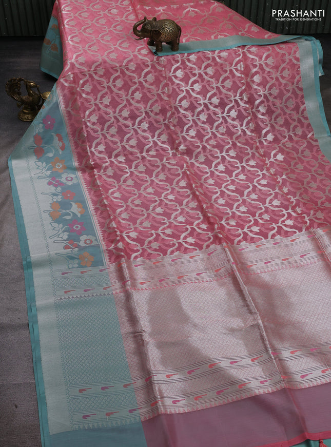 Gajri Pink & Mint Green Kora Jamdhani Silk Saree