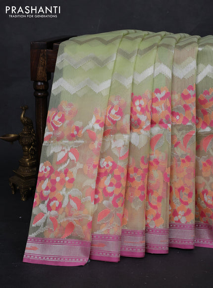 Pista Green & Mauve Pink Kora Jamdhani Silk Saree