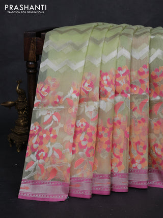 Pista Green & Mauve Pink Kora Jamdhani Silk Saree