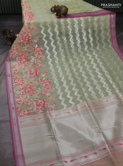 Pista Green & Mauve Pink Kora Jamdhani Silk Saree
