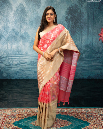 Peach Pink & Pista Green Kora Jamdhani Silk Saree