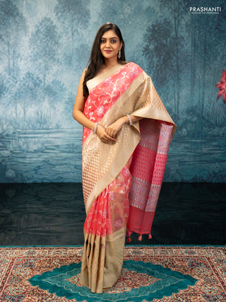 Peach Pink & Pista Green Kora Jamdhani Silk Saree