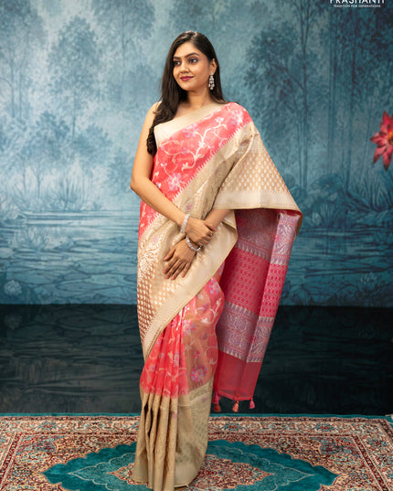 Peach Pink & Pista Green Kora Jamdhani Silk Saree