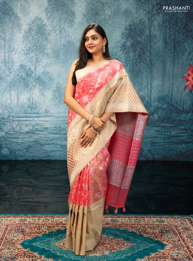 Peach Pink & Pista Green Kora Jamdhani Silk Saree