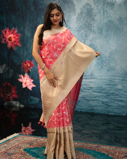 Peach Pink & Pista Green Kora Jamdhani Silk Saree
