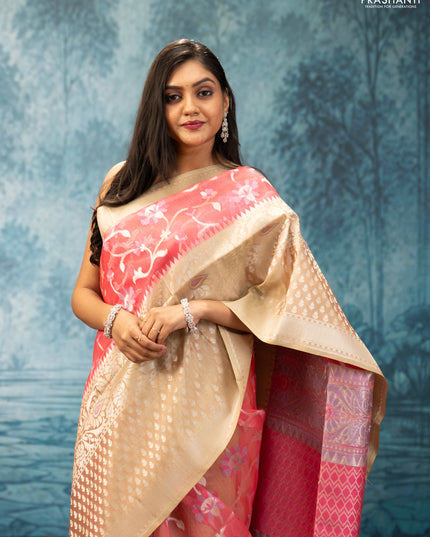 Peach Pink & Pista Green Kora Jamdhani Silk Saree