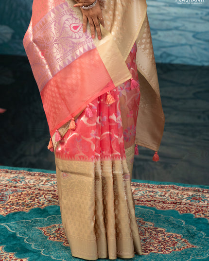 Peach Pink & Pista Green Kora Jamdhani Silk Saree
