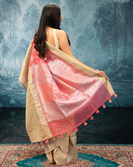 Peach Pink & Pista Green Kora Jamdhani Silk Saree