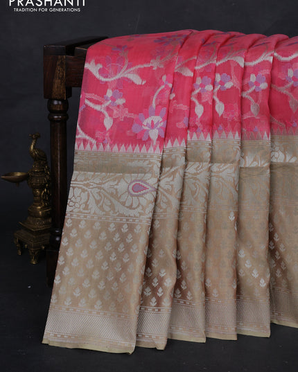 Peach Pink & Pista Green Kora Jamdhani Silk Saree