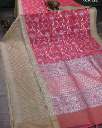 Peach Pink & Pista Green Kora Jamdhani Silk Saree