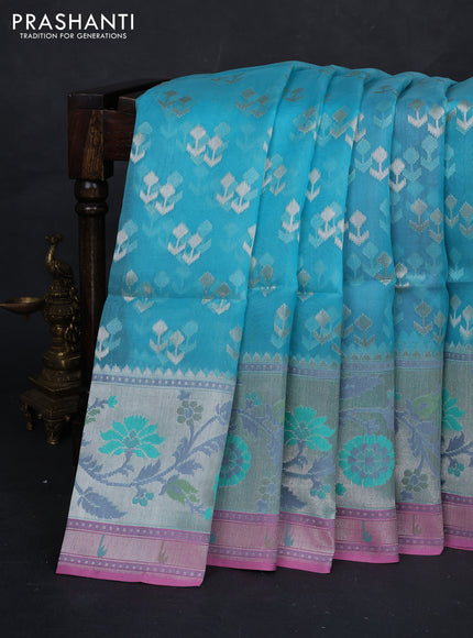 Sky Blue & Pink Kora Jamdhani Silk Saree