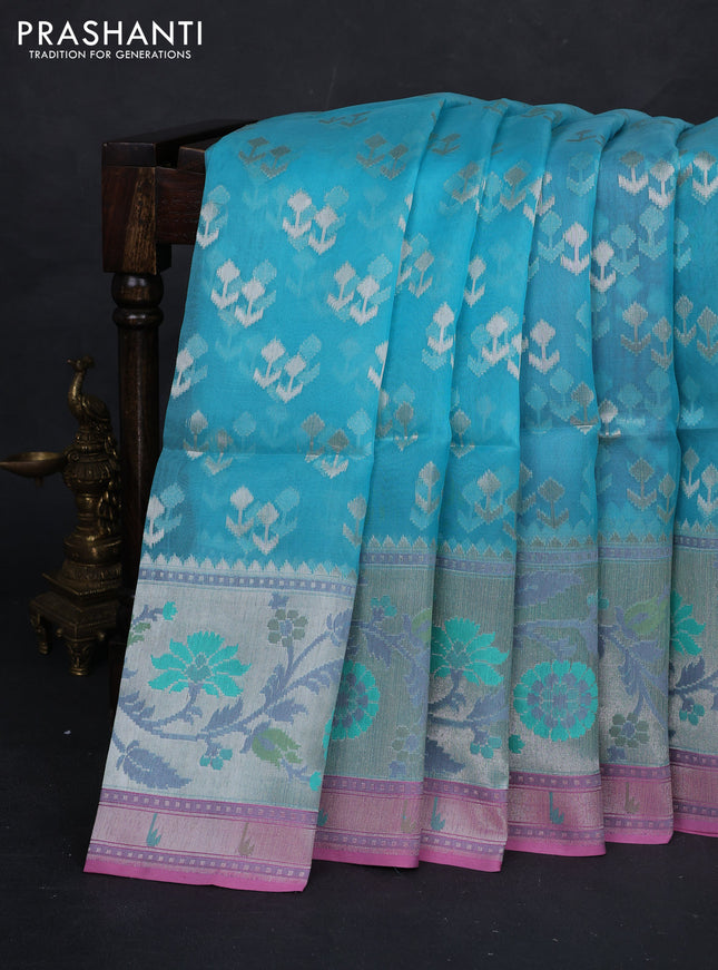 Sky Blue & Pink Kora Jamdhani Silk Saree
