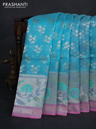 Sky Blue & Pink Kora Jamdhani Silk Saree