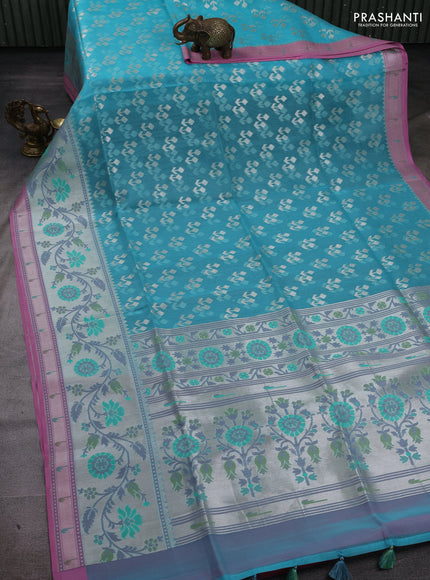 Sky Blue & Pink Kora Jamdhani Silk Saree