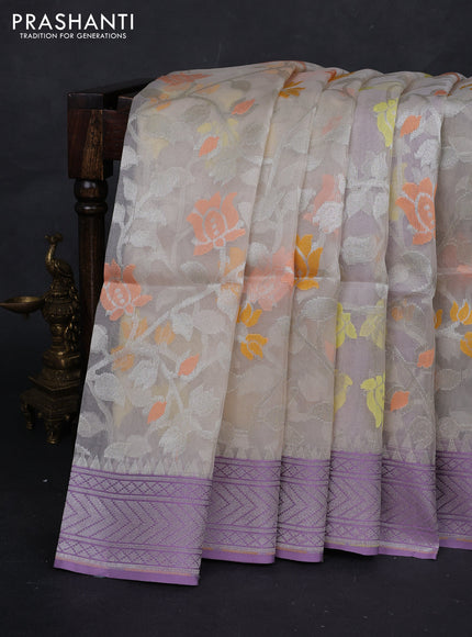 Off White & Lavender Kora Jamdhani Silk Saree