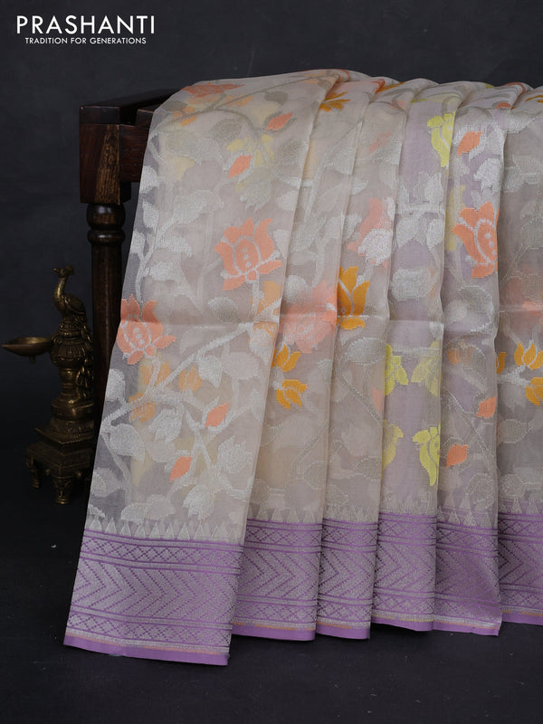 Off White & Lavender Kora Jamdhani Silk Saree