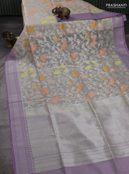 Off White & Lavender Kora Jamdhani Silk Saree