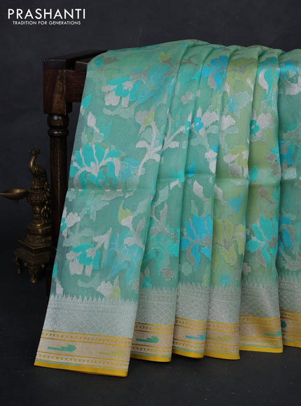 Teal Blue & Yellow Kora Jamdhani Silk Saree
