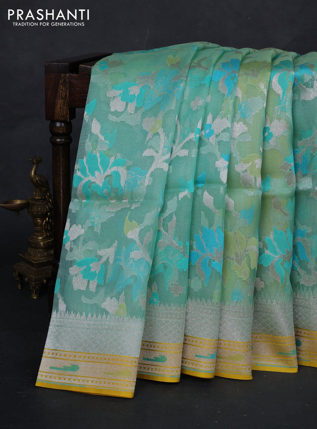 Teal Blue & Yellow Kora Jamdhani Silk Saree