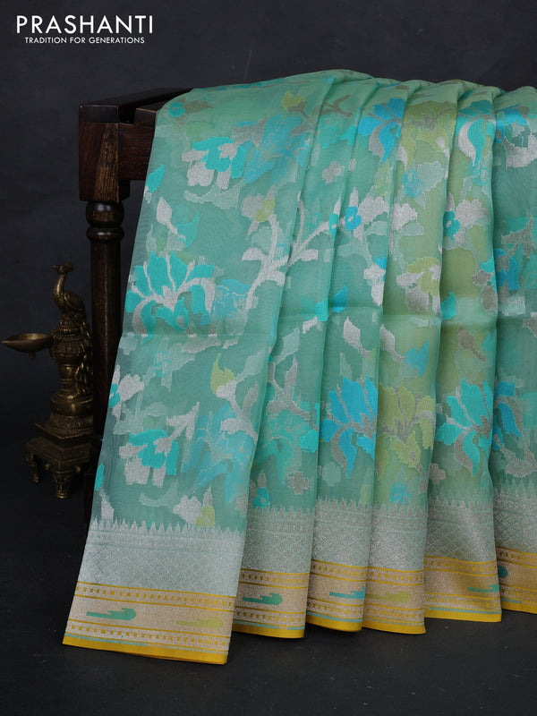 Teal Blue & Yellow Kora Jamdhani Silk Saree