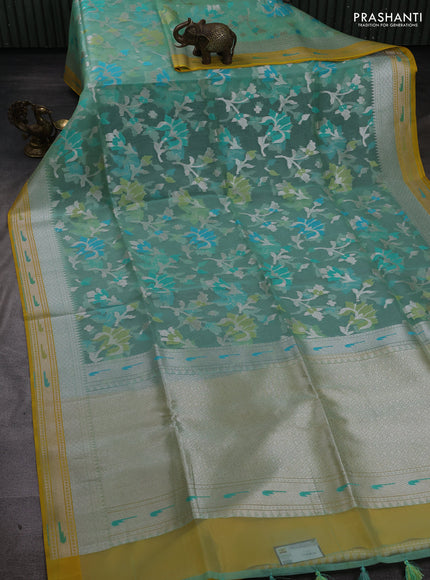 Teal Blue & Yellow Kora Jamdhani Silk Saree