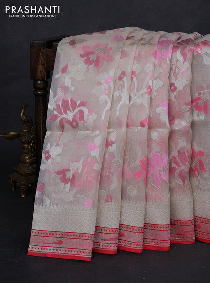 Off White & Red Kora Jamdhani Silk Saree