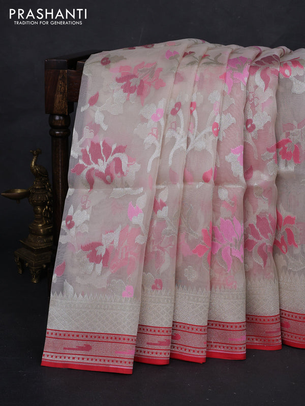 Off White & Red Kora Jamdhani Silk Saree