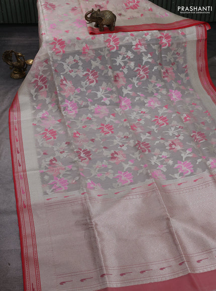 Off White & Red Kora Jamdhani Silk Saree