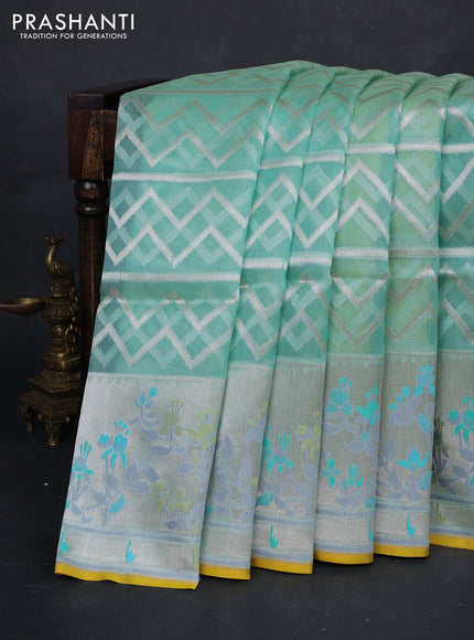 Teal Blue & Yellow Kora Jamdhani Silk Saree