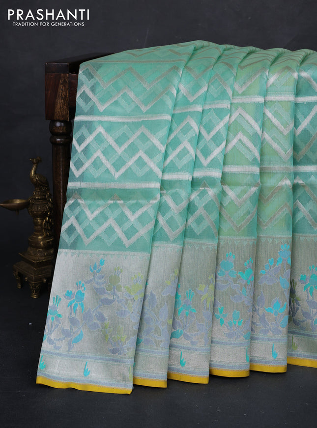 Teal Blue & Yellow Kora Jamdhani Silk Saree